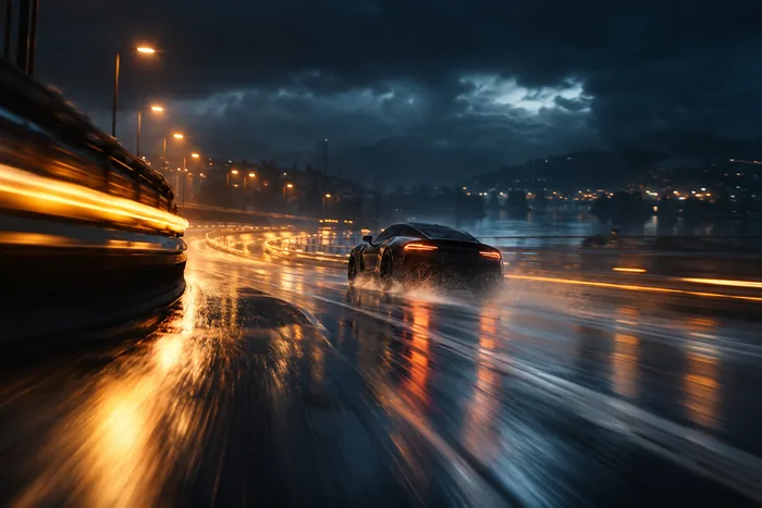 Rain-soaked city road with motion-blurred amber lights at night