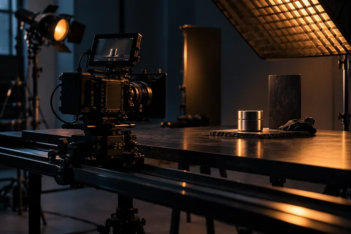 Cinema camera on a slider filming a product in a controlled studio