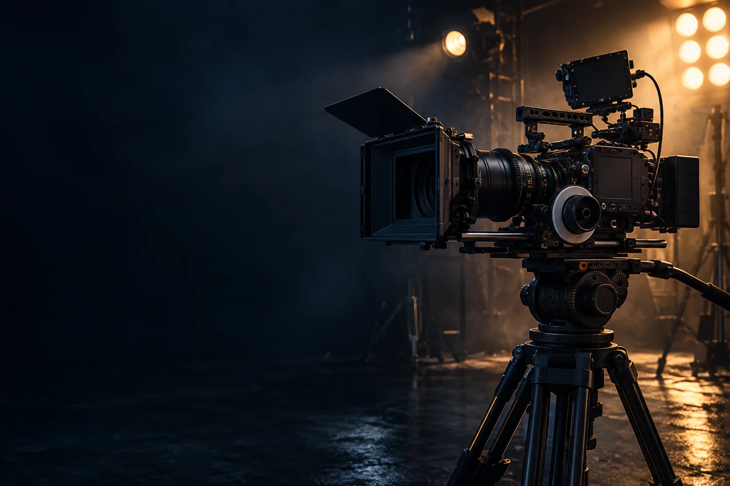 Professional cinema camera in a dark studio with dramatic amber rim lighting