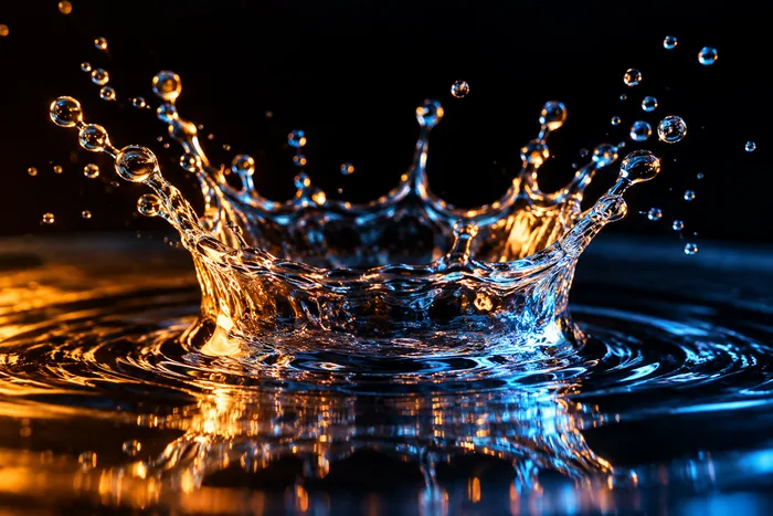 Precisely captured water splash with suspended droplets against black