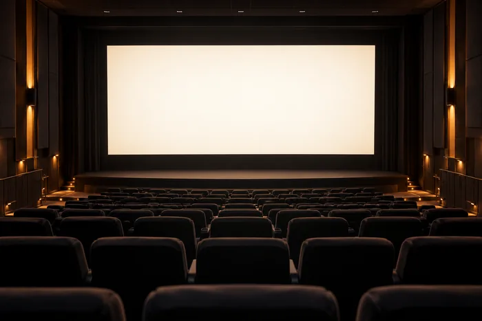 Empty cinema auditorium with a blank illuminated screen